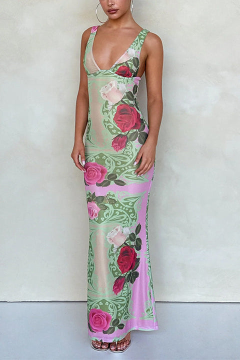 Karleedress V Neck Sleeveless Rose Print Bodycon Maxi Dress