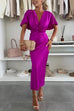 Karleedress V Neck Twist Front Waisted Satin Midi Dress