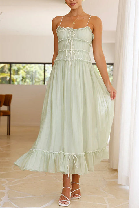 Karleedress Frill Trim Lace Up Ruched Maxi Cami Dress