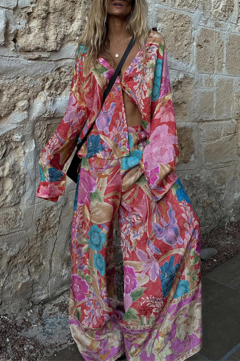 Karleedress Long Sleeves Button Up Shirt and Wide Leg Pants Floral Print Set