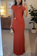 Short Sleeve Cut Out Backless Gold Flower Detail Maxi Dress