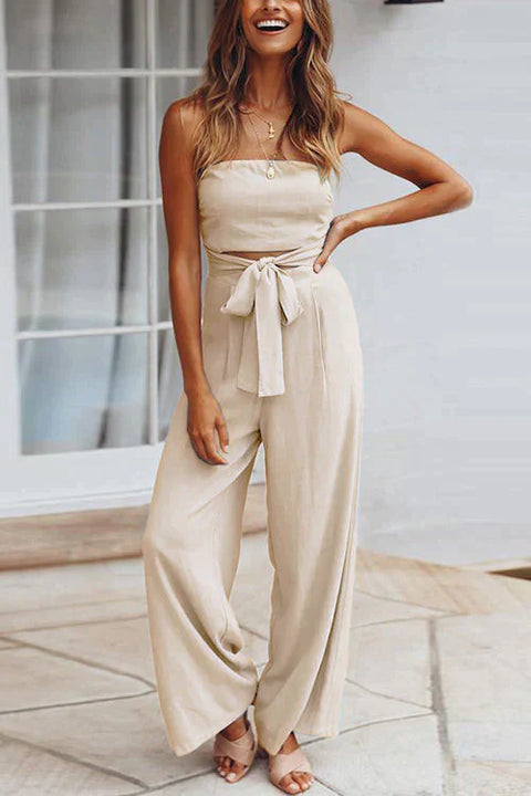 Karleedress Off Shoulder Bow Tie Waist Wide Leg Jumpsuit