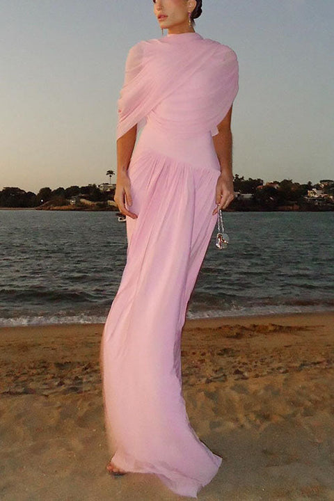 Karleedress Shawl Collar Draped Mesh Maxi Dress