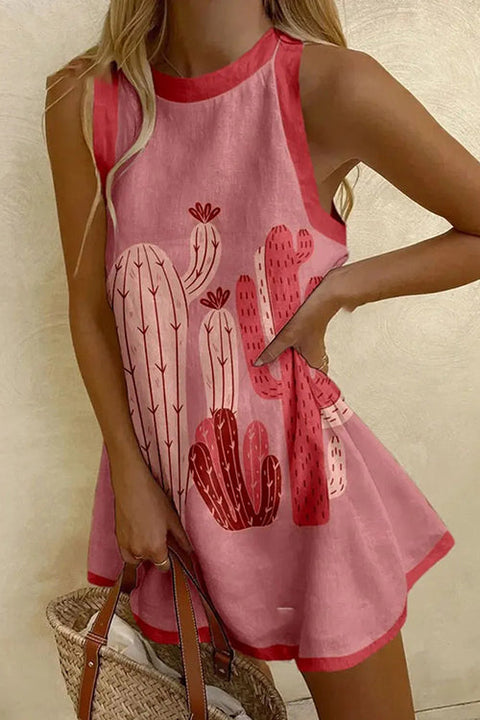 Karleedress Sleeveless Cactus Print Mini Beach Dress