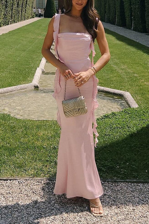 Karleeddress Open Back Draped Frill Bodycon Satin Maxi Cami Dress