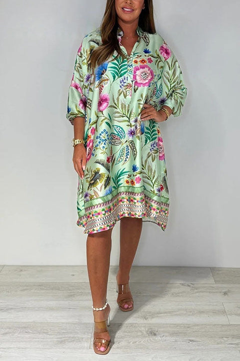 Karleedress Button Up Long Sleeves Floral Print Satin Shirt Dress