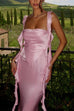 Karleeddress Open Back Draped Frill Bodycon Satin Maxi Cami Dress