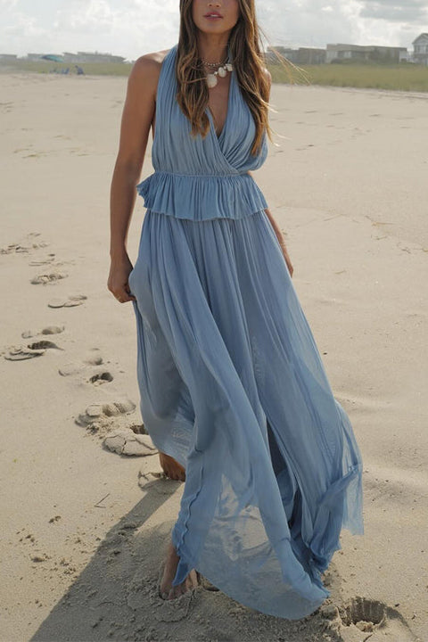 Karleedress Halter Backless Ruffle Top and Elastic Waist Pleated Maxi Skirt Set