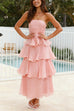 Karleedress Strapless Empire Waist Ruffle Layered Maxi Dress