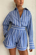 Karleedress Striped Long Sleeves Curve Hem Shirt and High Rise Shorts Set