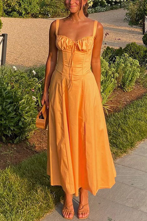 Karleedress Drawstring Neck Slit Bustier Midi Cami Dress