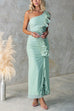 Karleedress One Shoulder Slit Ruched Ruffle Mesh Maxi Dress