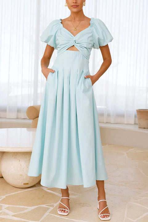 Karleedress V Neck Twist Front Puff Sleeves Cut Out Maxi Dress