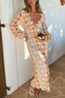 Karleedress V Neck Lantern Sleeves Geometric Print Maxi Dress