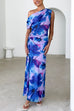 One Shoulder Ruched Floral Print Maxi Dress