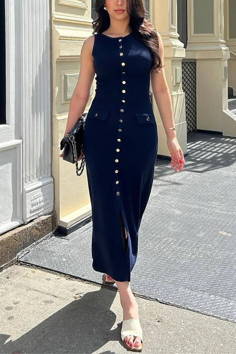 Karleedress Sleeveless Button Down Slit Ribbed Knit Maxi Dress