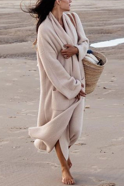 Karleedress Open Front Pockets Ribbed Knit Long Slweater Cargigan