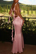Karleeddress Open Back Draped Frill Bodycon Satin Maxi Cami Dress