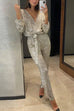 Karleedress Wrap V Neck Tie Waist Sequin Jumpsuit