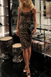 V Neck Leopard Splice Bodycon Midi Cami Dress