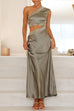 Karleedress One Shoulder Lace Trim Cut Out Sleeveless Maxi Dress