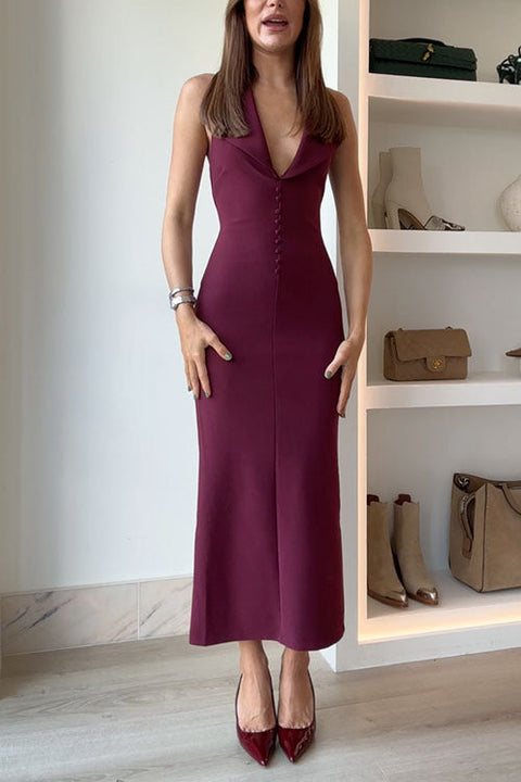 Karleedress Halter V Neck Backless Buttons Bodycon Midi Dress