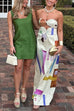 Strapless Cut Out Back Slit Printed Maxi Dress