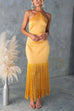 Karleedress Halter Neck Patchwork Fringe Hem Satin Maxi Dress