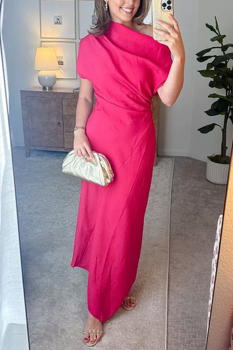 Draped Asymmetrical Shoulder Solid Maxi Party Dress