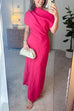 Draped Asymmetrical Shoulder Solid Maxi Party Dress
