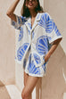 Karleedress V Neck Short Sleeves Shirt and Drawstring Waist Shorts Seashell Print Set