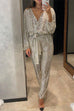Karleedress Wrap V Neck Tie Waist Sequin Jumpsuit