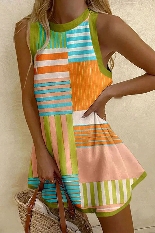 Karleedress Sleeveless Striped Color Block A-line Mini Dress