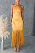Karleedress Halter Neck Patchwork Fringe Hem Satin Maxi Dress