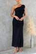 Karleedress One Shoulder Slit Ruched Ruffle Mesh Maxi Dress