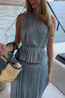 Karleedress Halter Backless Ruffle Top and Elastic Waist Pleated Maxi Skirt Set