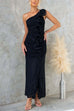 Karleedress One Shoulder Slit Ruched Ruffle Mesh Maxi Dress