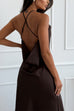 Criss Cross Cowl Backless Slit Satin Midi Cami Dress
