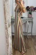 Karleedress Halter V Neck Backless Color Block Crochet Maxi Dress