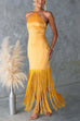 Karleedress Halter Neck Patchwork Fringe Hem Satin Maxi Dress