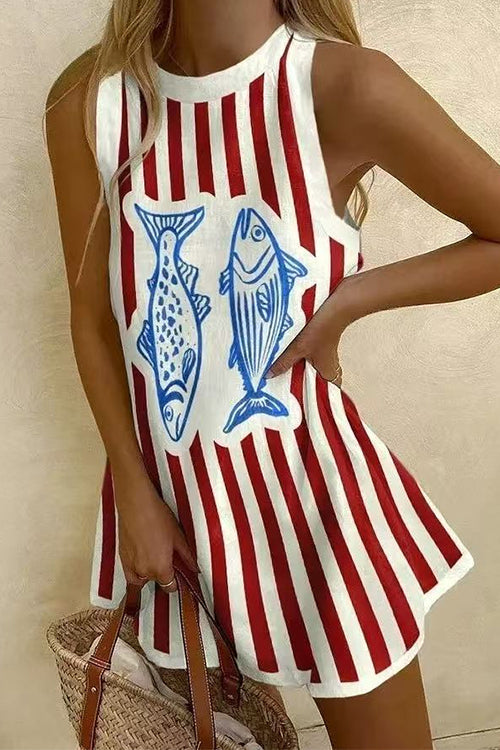 Karleedress Crewneck Sleeveless Fish Print Striped Mini Dress