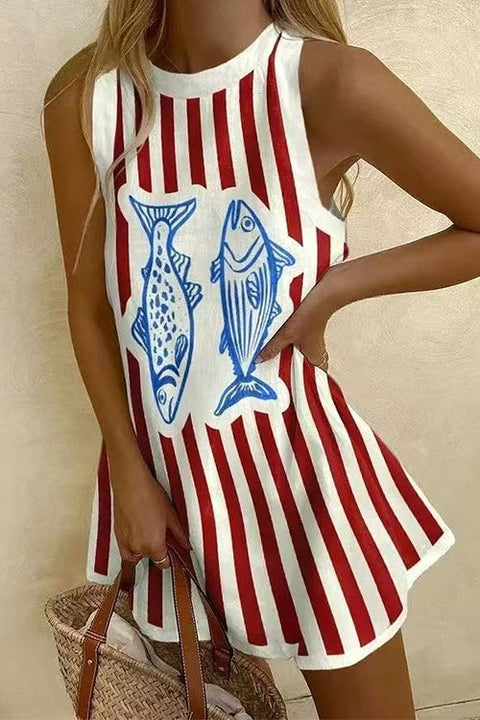 Karleedress Crewneck Sleeveless Fish Print Striped Mini Dress