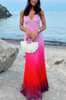 V Neck Backless Strappy Ombre Mesh Maxi Dress