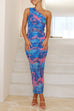 Karleedress One Shoulder Ruched Floral Print Bodycon Maxi Dress