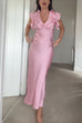 V Neck Short Sleeves Ruffle Satin Midi Dress
