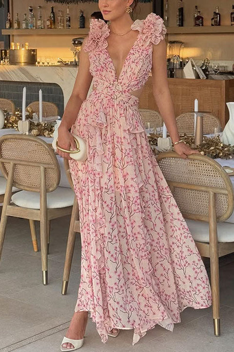 Karleedress Deep V Neck Sleeveless Cut Out Floral Print Ruffle Maxi Dress