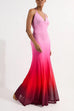 V Neck Backless Strappy Ombre Mesh Maxi Dress