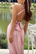 Karleedress V Neck Back Tie Bow Cut Out Satin Maxi Dress