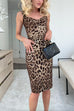 V Neck Leopard Splice Bodycon Midi Cami Dress