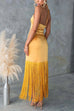 Karleedress Halter Neck Patchwork Fringe Hem Satin Maxi Dress